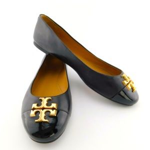 Tory Burch Everly Black Cap Toe Flats shoe…